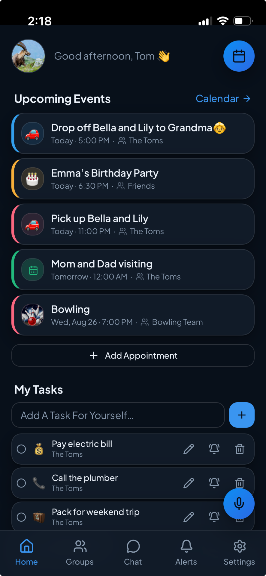 Shared Planner home screen showing upcoming events and personal tasks